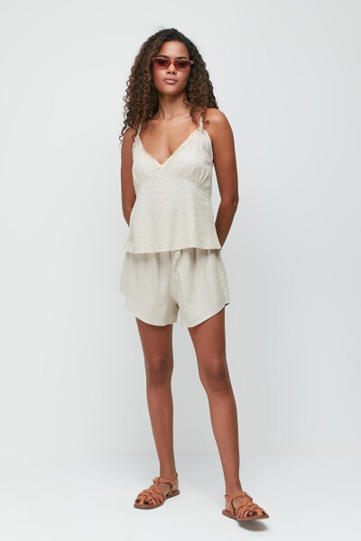 Linen Lace Detail Tank Top and Shorts Set 9146 Beige - 2