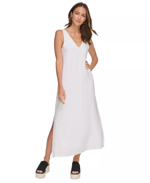 Linen V-Neck Maxi Dress White - 1