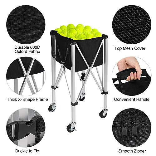 Lineslife Portable Tennis Balls Hopper Holds 200 Balls, Foldable Tennis Ball Basket Wheeled Teaching Carts, Lightweight Tennis Ball Carrier with Wheels - 3