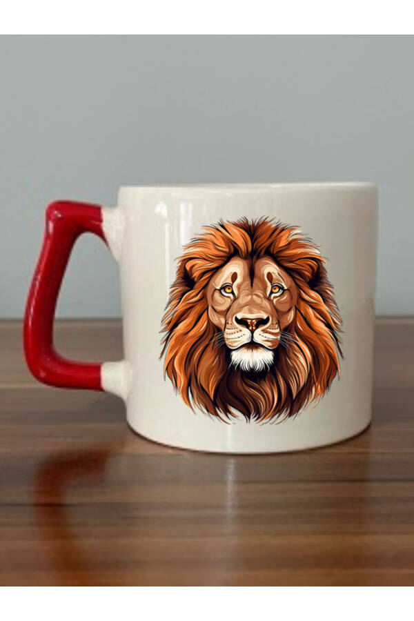 Lion Printed Red Handle Mug - Ceramic Tea, Coffee Gift Mug - 1