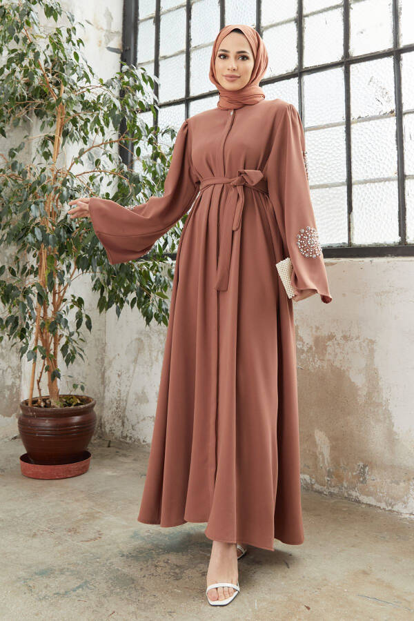 Liva Kolları Taşlı Abaya - Camel - 1