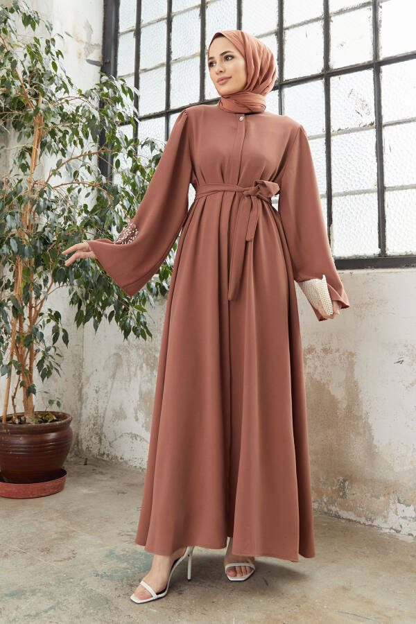 Liva Kolları Taşlı Abaya - Camel - 3