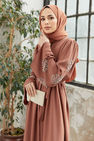 Liva Kolları Taşlı Abaya - Camel - 4