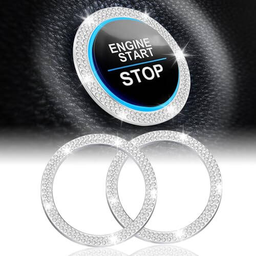 LivTee 2 PCS Crystal Double Rhinestone Car Engine Start Stop Decoration Ring, Bling Car Interior Accessories for Women, Push to Start Button Cover/Sticker, Key Ignition & Knob Bling Ring, White - 1