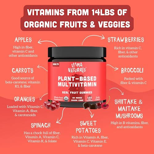 Llama Naturals Gerçek Meyveli Sakız Vitaminleri Yetişkinler İçin, Eklenmiş Şeker Kamışı Yok, Vegan Sakızlı Multivitamin, Organik, Bitki Bazlı, Tam Gıda, Kadın ve Erkekler İçin, 120 Adet (30 Günlük Doz) Vişne - 10