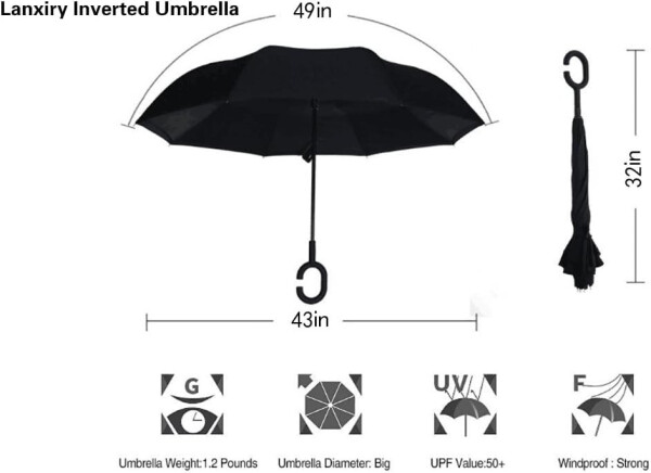 LLanxiry Umbrella, Inverted Reverse Upside Down Umbrellas with C-Shaped Handle, Anti-UV Waterproof Rain Umbrella for Women and Men - 8