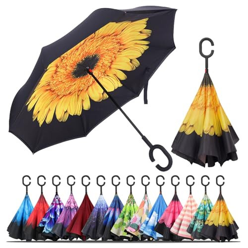 LLanxiry Umbrella, Inverted Reverse Upside Down Umbrellas with C-Shaped Handle, Anti-UV Waterproof Rain Umbrella for Women and Men - 1