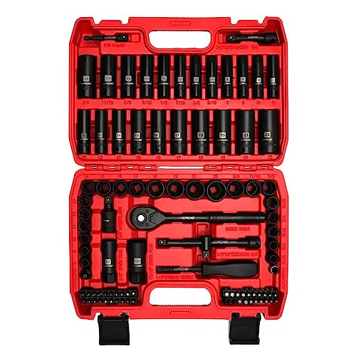 LLNDEI 3/8” Drive Impact Socket Set, Standard SAE (5/16 to 3/4-Inch) Metric Size (8-22mm), 95 Piece, CR-V Steel Deep & Shallow Kit, Adapters, Ratchet Handle, Screwdriver Bit Set, Spark Plug Socket, 6 Point - 1