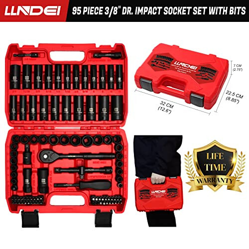 LLNDEI 3/8” Drive Impact Socket Set, Standard SAE (5/16 to 3/4-Inch) Metric Size (8-22mm), 95 Piece, CR-V Steel Deep & Shallow Kit, Adapters, Ratchet Handle, Screwdriver Bit Set, Spark Plug Socket, 6 Point - 3