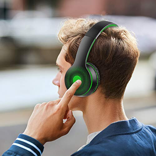 LOBKIN Bluetooth Foldable Headband Microphone & Audio Cable, Hi-Fi Stereo Wireless Headset, Noise Cancelling Soft Earmuffs, TF Card MP3, FM Radios Headphones for Online Class/iPhone/iPad/PC (Green) - 2