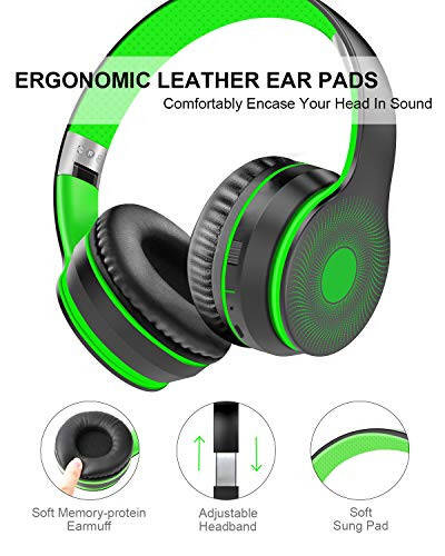 LOBKIN Bluetooth Foldable Headband Microphone & Audio Cable, Hi-Fi Stereo Wireless Headset, Noise Cancelling Soft Earmuffs, TF Card MP3, FM Radios Headphones for Online Class/iPhone/iPad/PC (Green) - 4