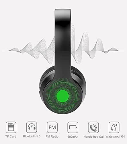 LOBKIN Bluetooth Foldable Headband Microphone & Audio Cable, Hi-Fi Stereo Wireless Headset, Noise Cancelling Soft Earmuffs, TF Card MP3, FM Radios Headphones for Online Class/iPhone/iPad/PC (Green) - 6