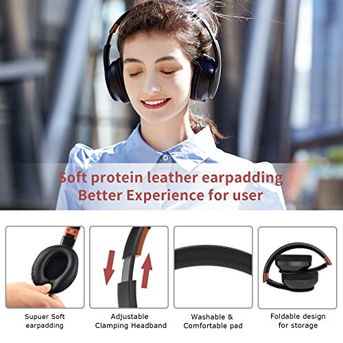 LOBKIN Bluetooth Headphones Over Ear, Wireless Noise Cancelling Headphones with Microphone, HiFi Stereo Foldable Wireless Headset with Deep Bass, MultiPoint Connection for Home Travel (Black) - 2