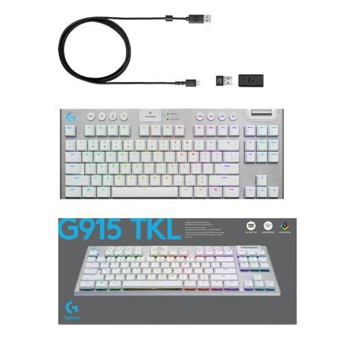 Logitech G915 TKL Tenkeyless Lightspeed Simsiz RGB Mexanik O'yin Klaviaturasi, Pastki Profil Kalit Variantlari, Lightsync RGB, Ilg'or Simsiz va Bluetooth Qo'llab-quvvatlashi - Teginishli, Oq - 2