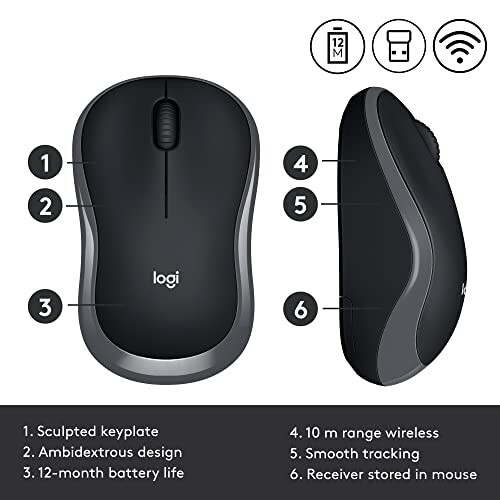 Logitech M185 Kablosuz Fare, 2.4GHz USB Mini Alıcıyla, 12 Ay Pil Ömrü, 1000 DPI Optik İzleme, İki Elle Kullanılabilir PC/Mac/Dizüstü Bilgisayar - Hızlı Gri - 10