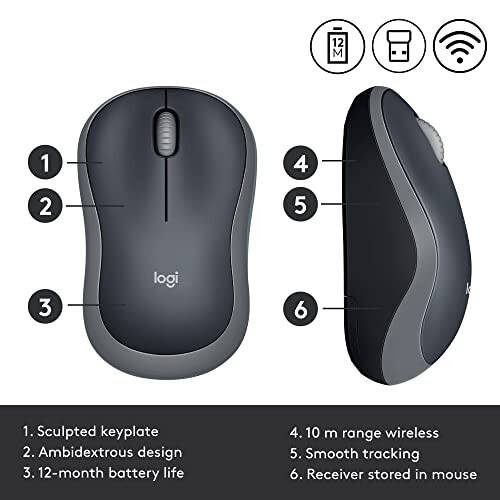 Logitech M185 Kablosuz Fare, 2.4GHz USB Mini Alıcıyla, 12 Ay Pil Ömrü, 1000 DPI Optik İzleme, İki Elle Kullanılabilir PC/Mac/Dizüstü Bilgisayar - Hızlı Gri - 4