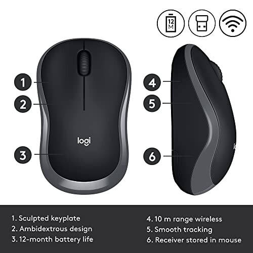 Logitech M185 Wireless Mouse, 2.4GHz with USB Mini Receiver, 12-Month Battery Life, 1000 DPI Optical Tracking, Ambidextrous PC/Mac/Laptop - Swift Gray - 10