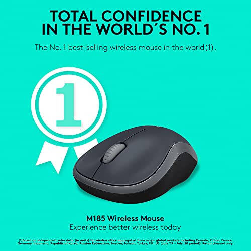 Logitech M185 Wireless Mouse, 2.4GHz with USB Mini Receiver, 12-Month Battery Life, 1000 DPI Optical Tracking, Ambidextrous PC/Mac/Laptop - Swift Gray - 2