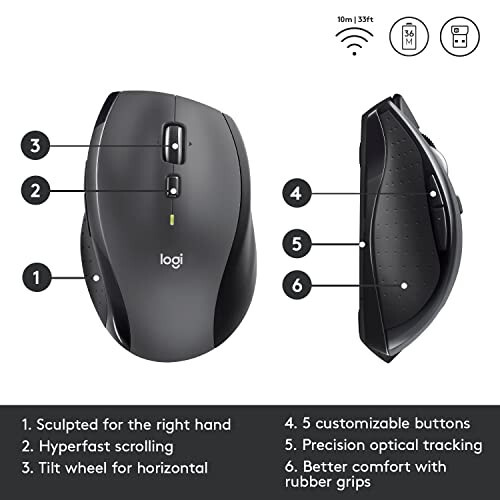 Logitech M705 Marathon Wireless Mouse, 2.4 GHz USB Unifying Receiver, 1000 DPI, 5-Programmable Buttons, 3-Year Battery, Compatible with PC, Mac, Laptop, Chromebook - Black - 6