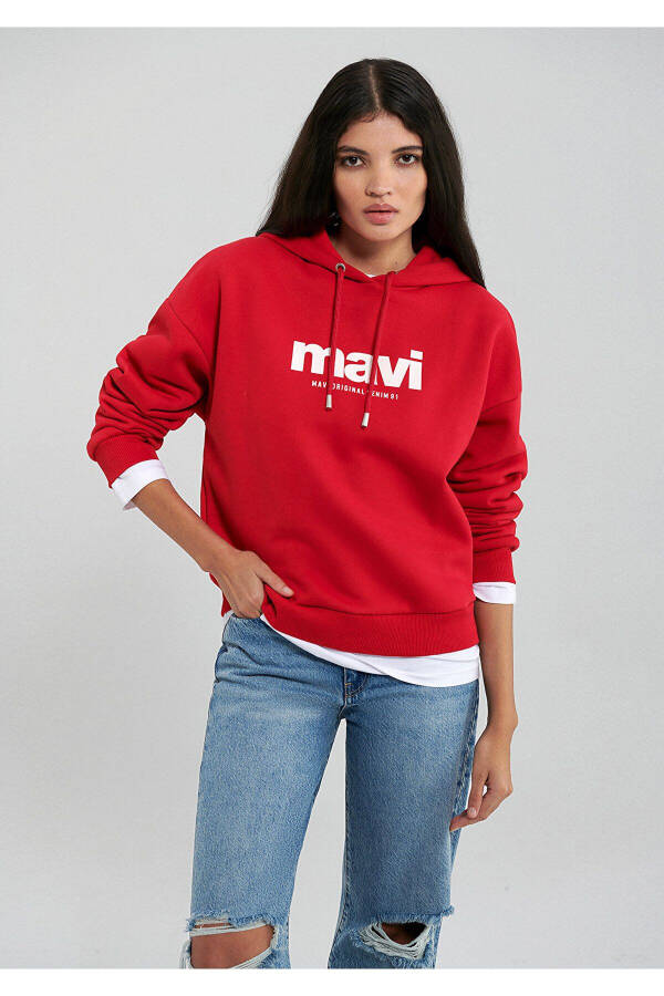 Logo Baskılı Kapüşonlu Kırmızı Sweatshirt 168334-35476 - 13