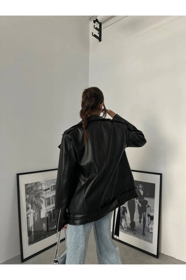 Long Belted Boyfriend Leather Jacket - 3