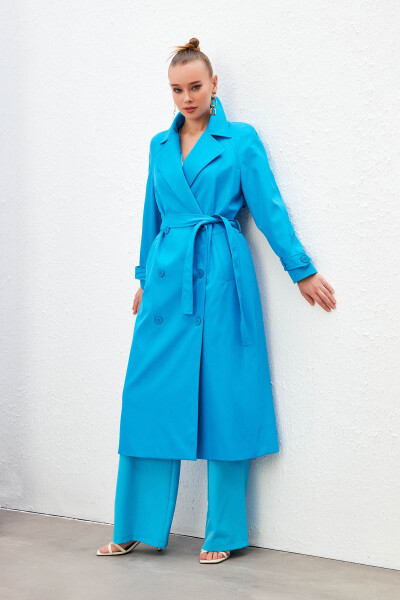 Long Belted Trench Coat - Blue - 1