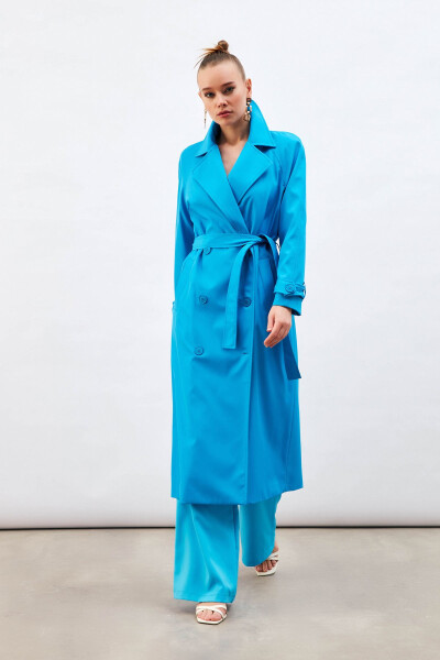 Long Belted Trench Coat - Blue - 2