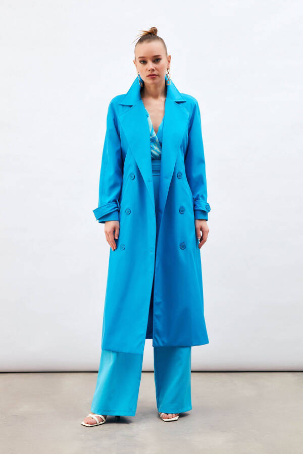 Long Belted Trench Coat - Blue - 3