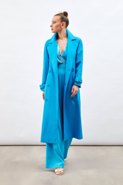 Long Belted Trench Coat - Blue - 4