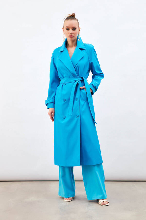 Long Belted Trench Coat - Blue - 5