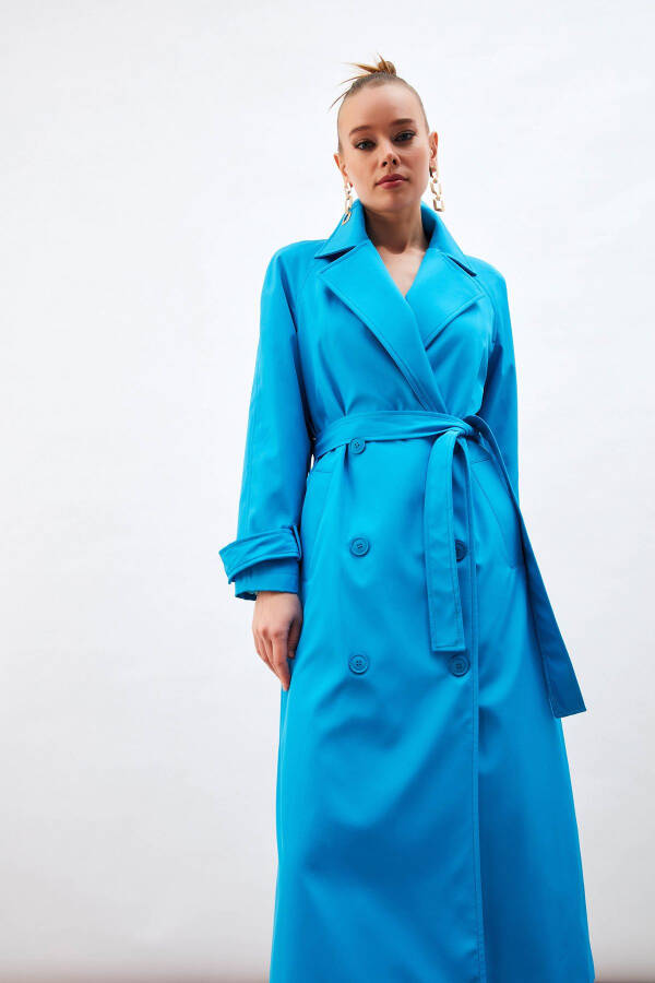 Long Belted Trench Coat - Blue - 6