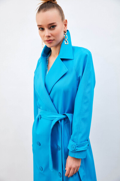 Long Belted Trench Coat - Blue - 7