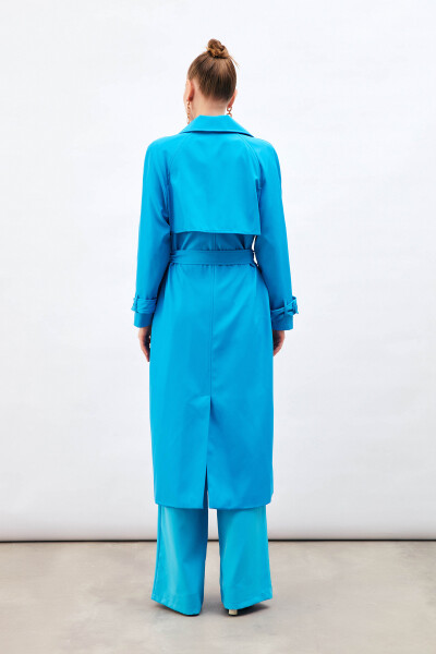 Long Belted Trench Coat - Blue - 16