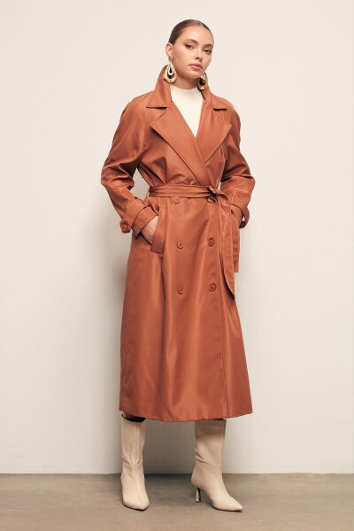 Long Belted Trench Coat - Camel - 6