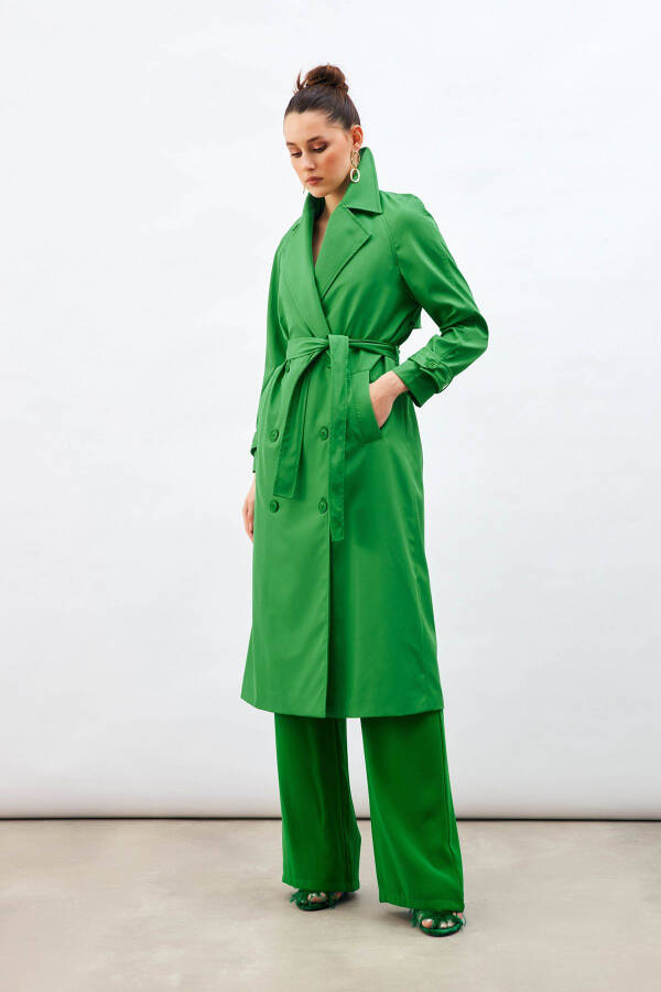 Long Belted Trench Coat - Green - 1