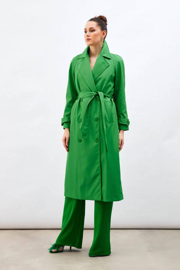 Long Belted Trench Coat - Green - 5