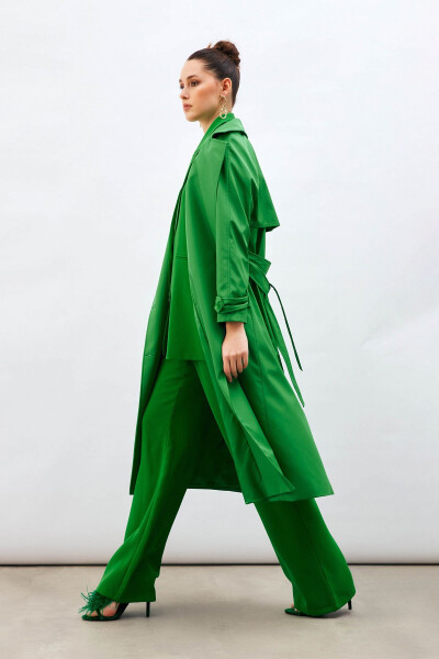 Long Belted Trench Coat - Green - 6