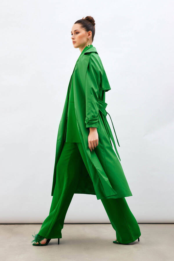 Long Belted Trench Coat - Green - 6