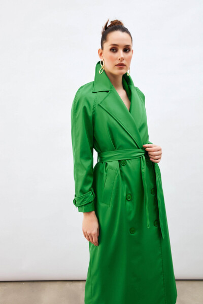 Long Belted Trench Coat - Green - 8