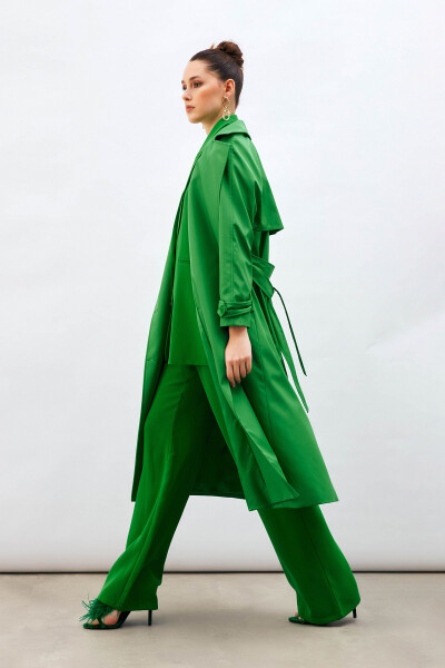 Long Belted Trench Coat - Green - 14