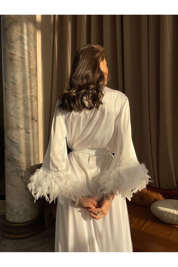 Long Bridal Robe with Austrian Sleeves, Silky Satin and Feather Trim - 4