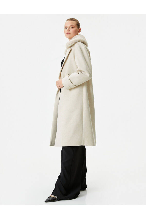 Long, buttoned, detachable faux fur pocket wool coat. - 4