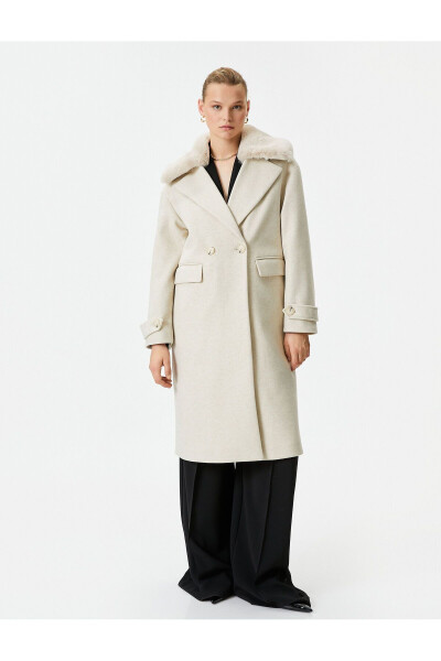 Long, buttoned, detachable faux fur pocket wool coat. - 5