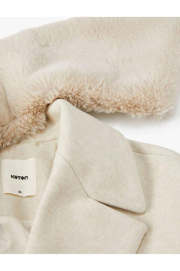 Long, buttoned, detachable faux fur pocket wool coat. - 7