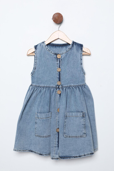 Long Buttoned Double Pocket Girls' Jean Dress - 1