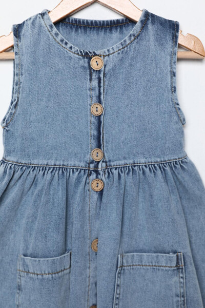 Long Buttoned Double Pocket Girls' Jean Dress - 2