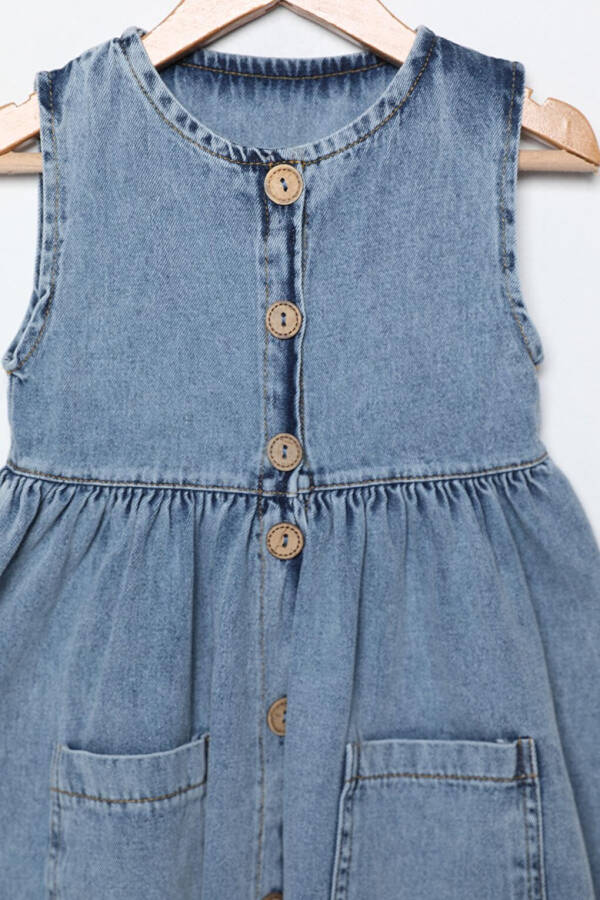 Long Buttoned Double Pocket Girls' Jean Dress - 2