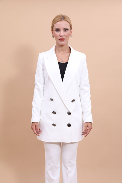 Long Classic Blazer Jacket - Ecru - 11