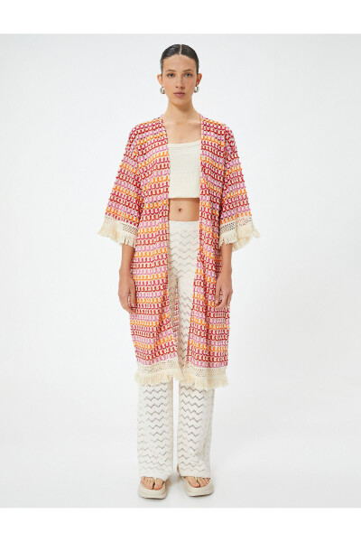 Long Crochet Kimono with Tassels, Elbow Length - 15