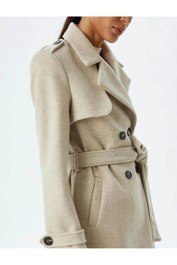 Long, double-breasted, pocket, belt detail relaxed fit cashmere coat. - 15